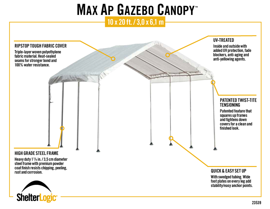 MaxAP Gazebo Canopy - 8 Legs - 10 x 20 ft. - White - 23539 - ShelterLogic
