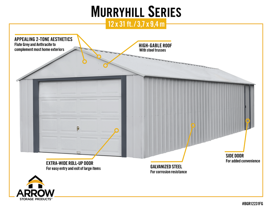 Arrow Murryhill 12 x 31 Garage, Steel Storage Building, Prefab Storage Shed - BGR1231FG - Arrow Storage Products