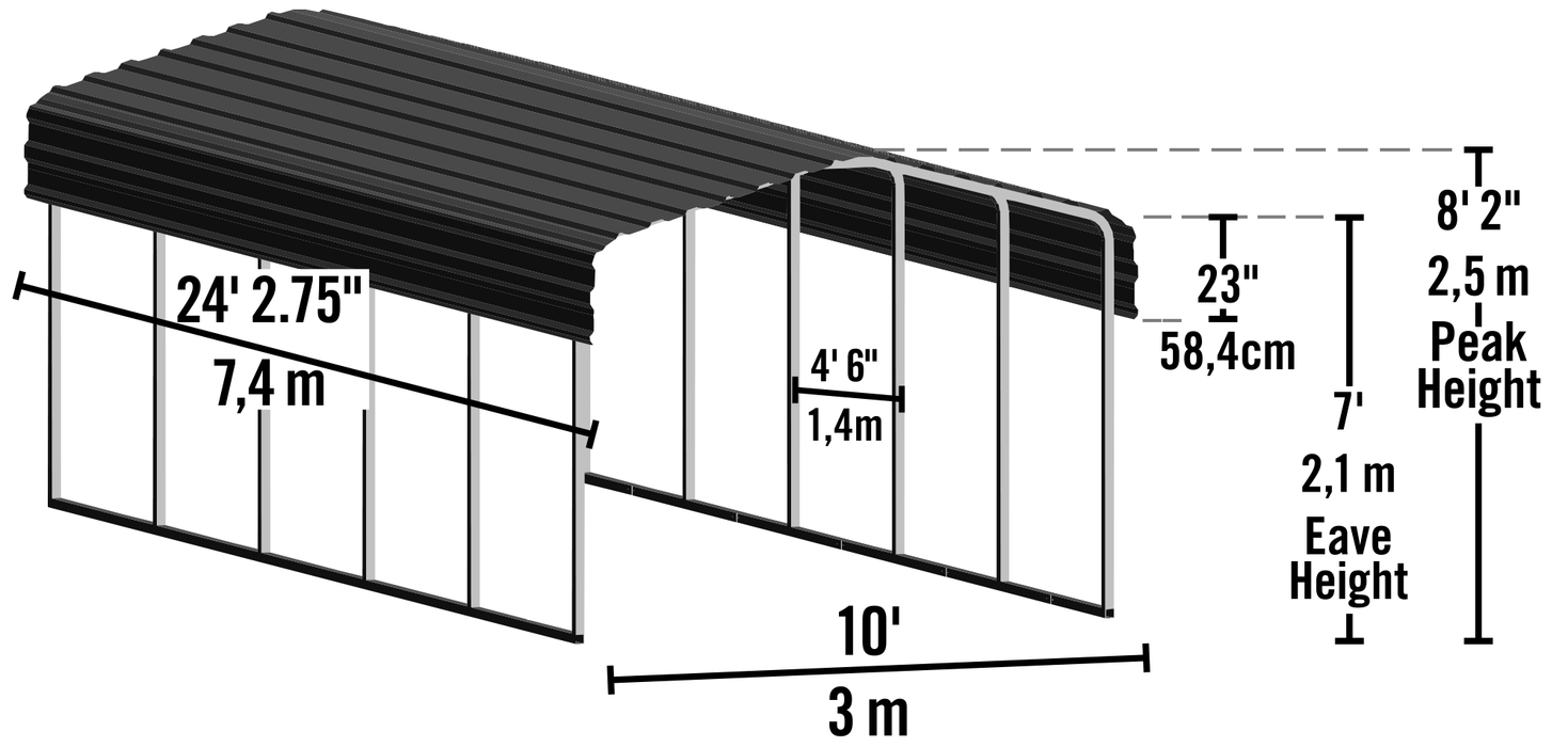 Steel Carport 10 x 24 x 7 ft. Galvanized Black or Eggshell - CPH102407 - Arrow Storage Products - Backyard Caravan LLC
