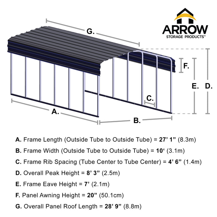 Steel Carport 10 x 29 x 7 ft. Galvanized Black or Eggshell - CPH102907 - Arrow Storage Products - Backyard Caravan LLC