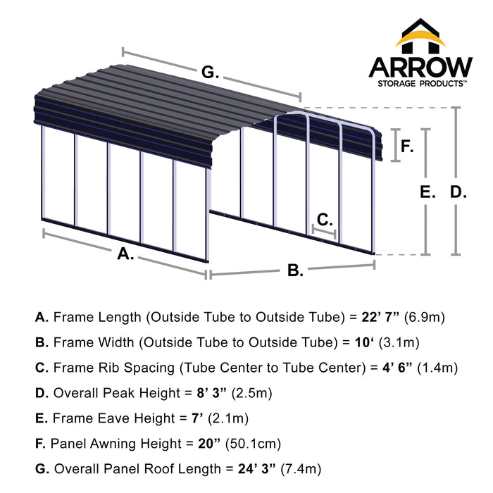 Steel Carport 10 x 24 x 7 ft. Galvanized Black or Eggshell - CPH102407 - Arrow Storage Products - Backyard Caravan LLC