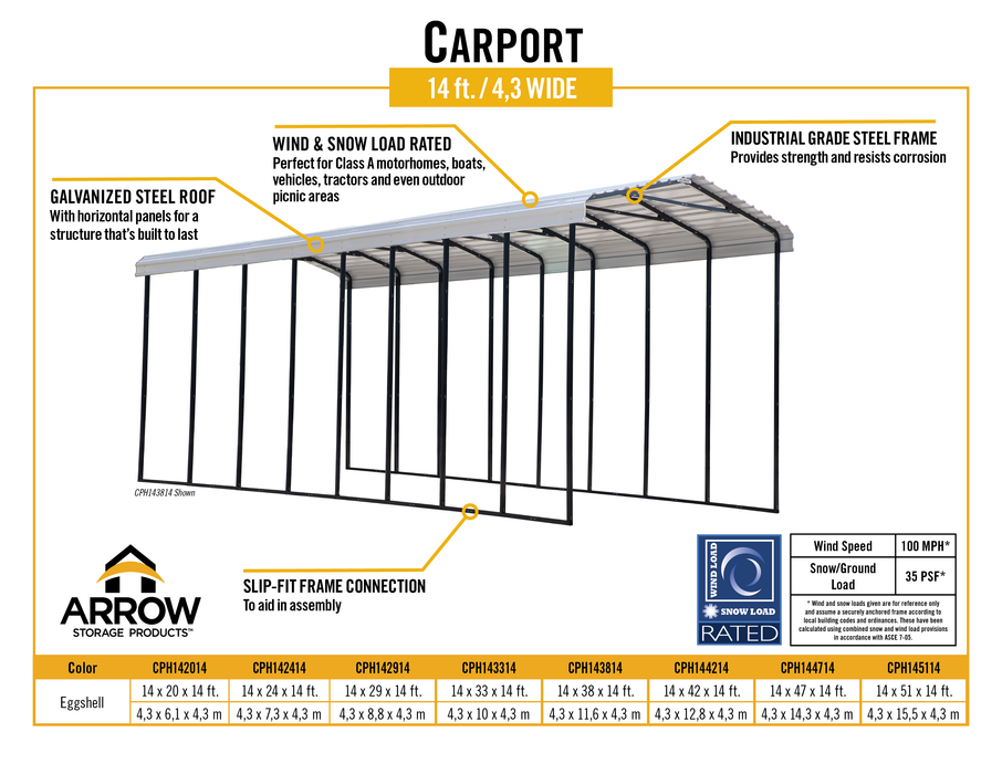 Arrow Carport 14' x 47' x 14', Eggshell - CPH144714 - Arrow Storage Products
