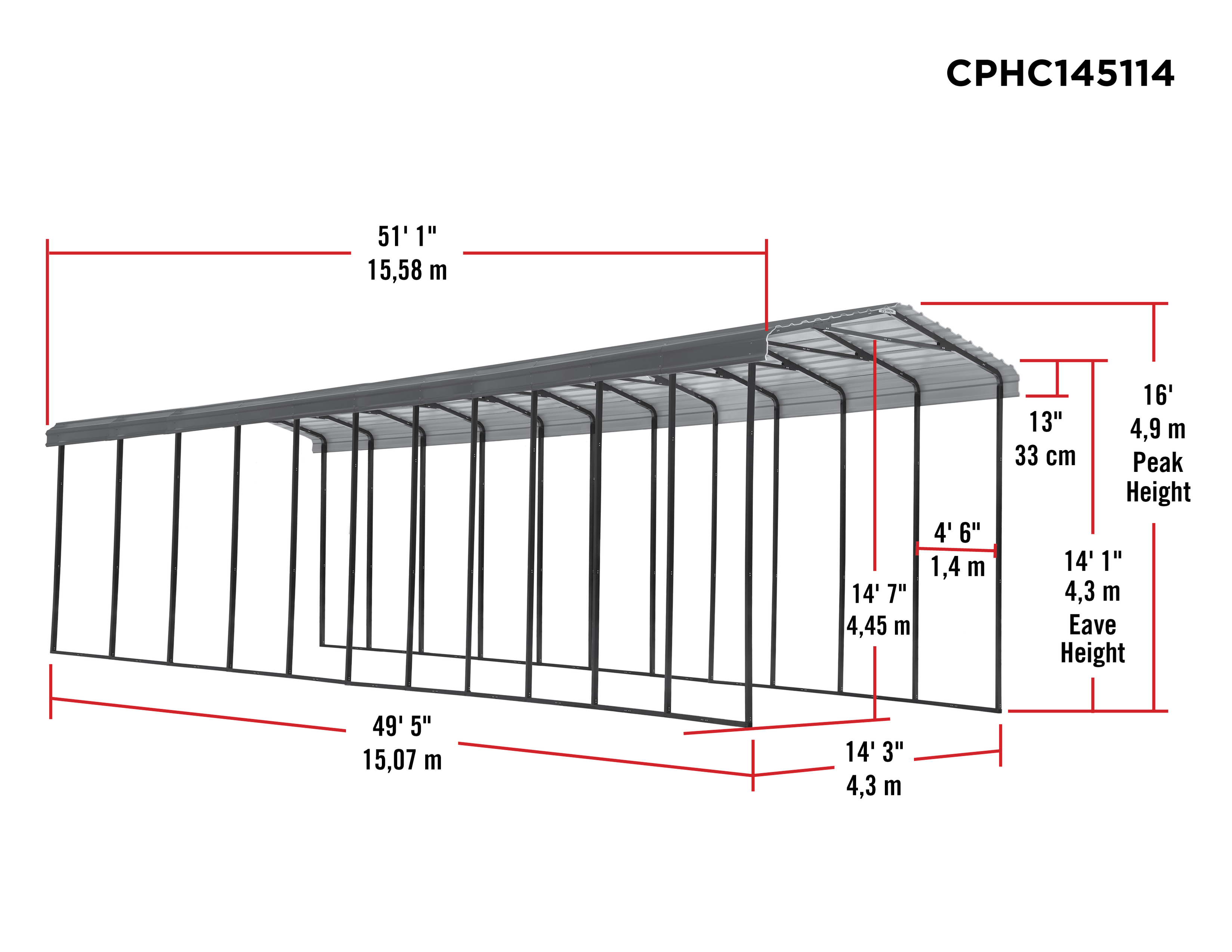 Arrow Carport 14' x 51' x 14', Charcoal CPHC145114 Arrow Storage P