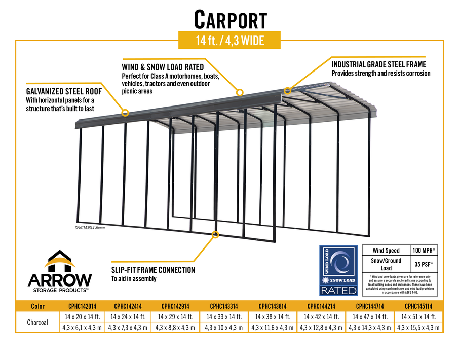 Arrow Carport 14' x 47' x 14', Charcoal - CPHC144714 - Arrow Storage Products