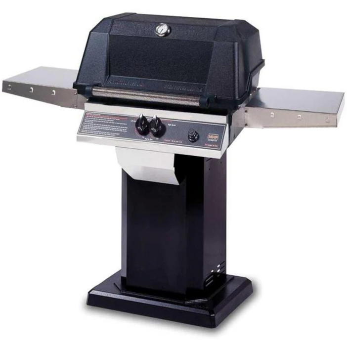 MHP WNK4DD Propane Gas Grill With Stainless Steel Shelves And Stainless Grids On Black Patio Base - WNK4DD-P + OCOLB + OP-P - MHP Grills