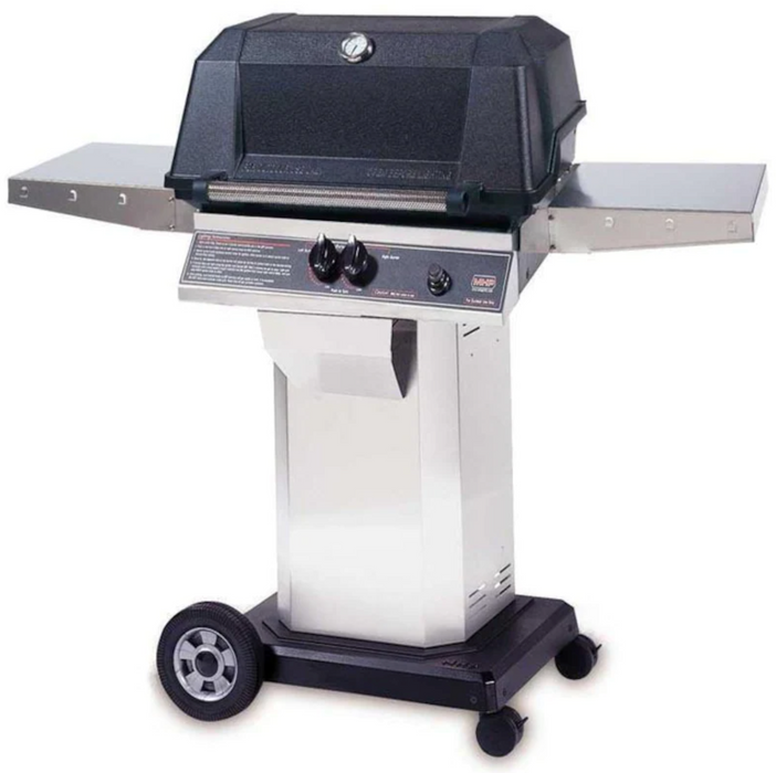 MHP WNK4DD Propane Gas Grill With Stainless Steel Shelves And Stainless Grids On Stainless Cart - WNK4DD-P + OCOL + OM-P - MHP Grills