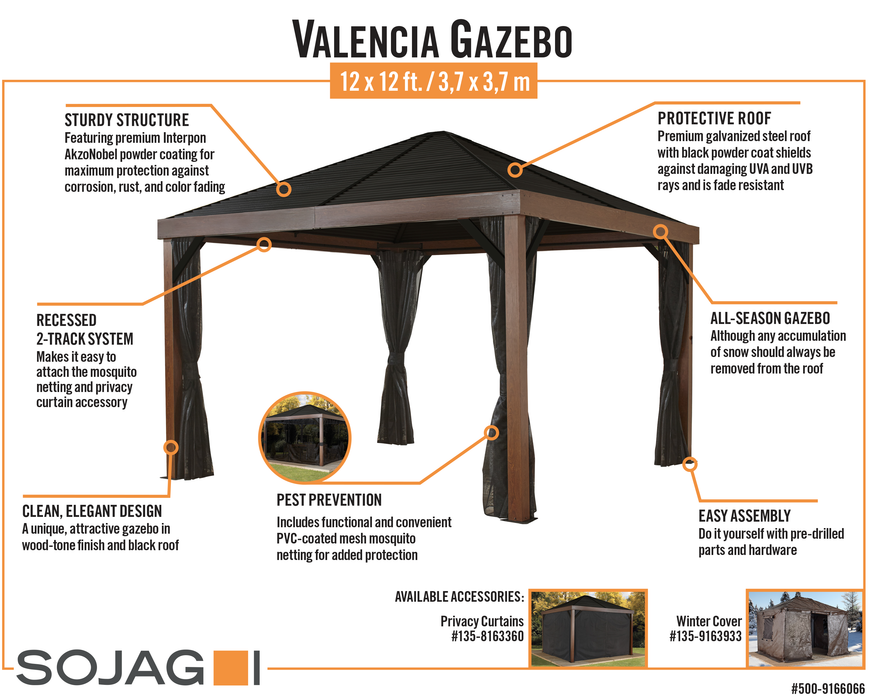 Valencia Gazebo Wood Finish 12' x 12' - (500-9166606) - Sojag - Backyard Caravan LLC